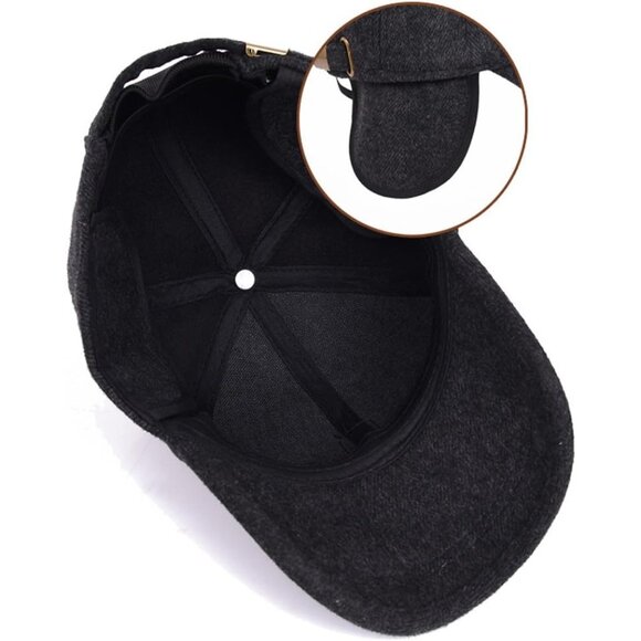 🆕 Men Black Baseball Cap Winter Warm Wool Tweed Peaked Fold Earmuff Jacket Hat - Picture 3 of 6